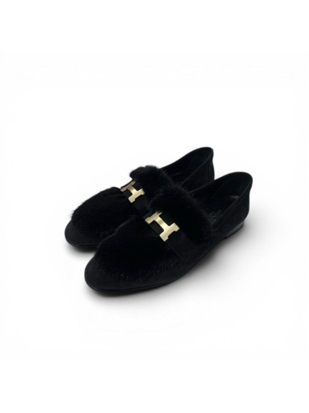 Hermes Paris Loafers Shoes Suede Black Gold Moccasins Flat